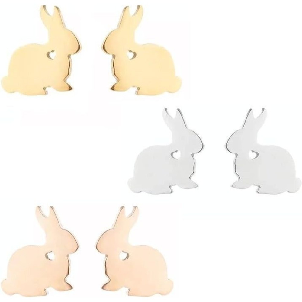3 Pair of Girl's Bunny Rabbit Earrings Silver Gold & Rosegold Gold Jewelry